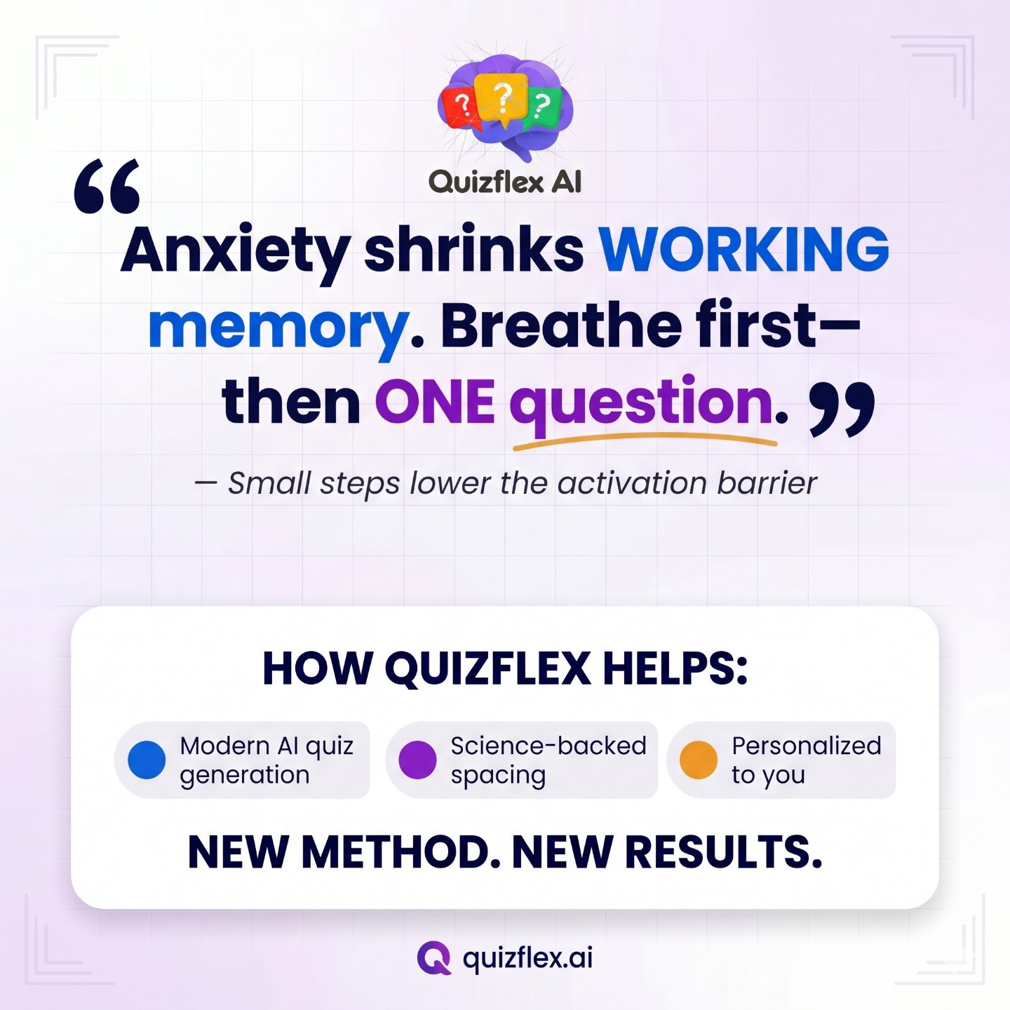 Illustration — Anxiety shrinks WORKING memory. Breathe first—then ONE question. — Small